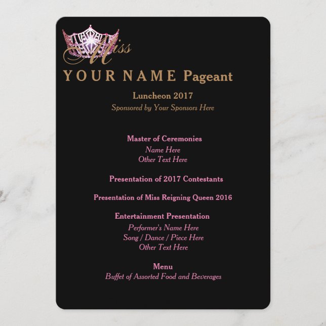 Carte du programme de déjeuner Miss America Pink C (Devant)