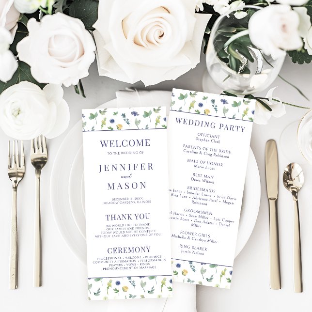 Carte du programme de mariage aux fleurs jaunes bl (Créateur téléchargé)