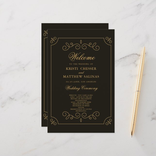 Carte du programme de mariage Black Gold Frame Bor (Devant/Arrière en situation)
