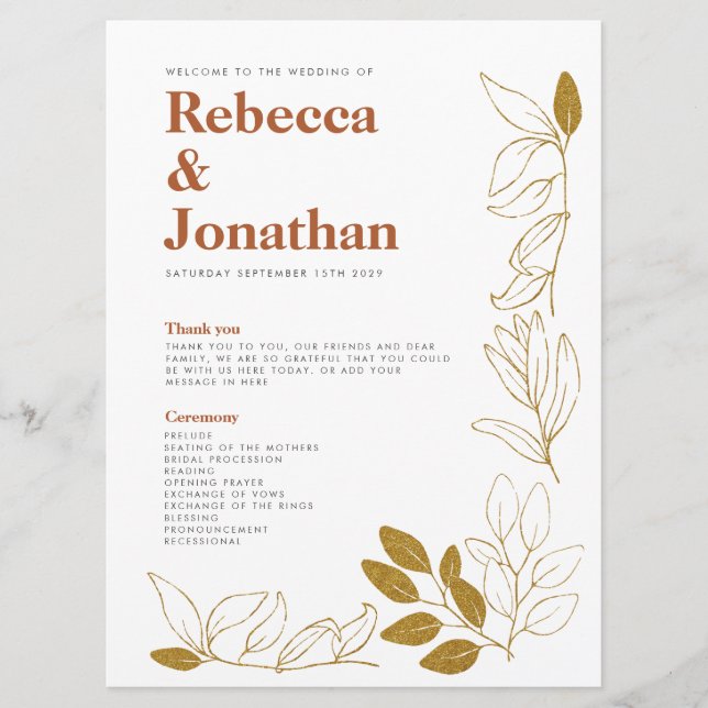 Carte du programme de mariage Gold Rust Leaf Terra (Devant)