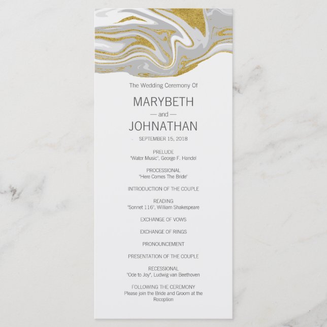 Carte du programme de mariage moderne en marbre et (Devant)