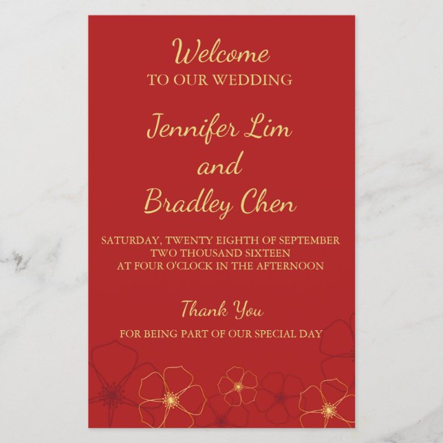 Carte du programme de mariage Red & Gold Cherry Bl (Devant)