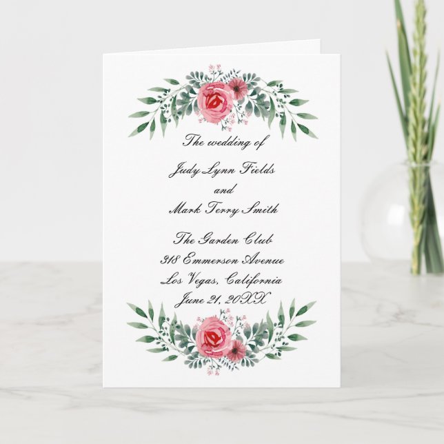 Carte du programme de mariage Rose Greenery Foliag (Devant)