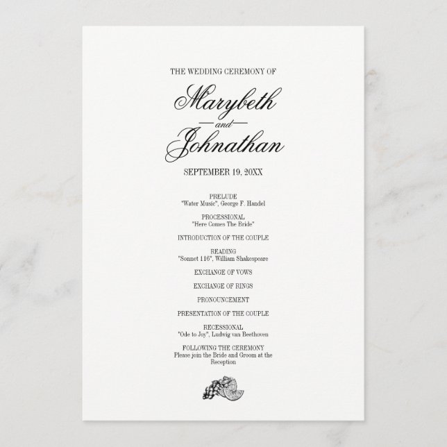 Carte du programme de mariage Toile & Calligraphie (Devant)