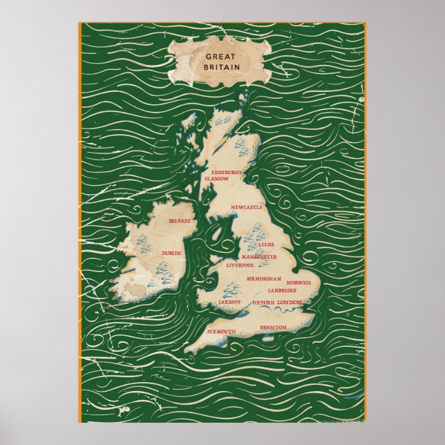 Carte du Royaume-Uni Affiche Vintage (Devant)