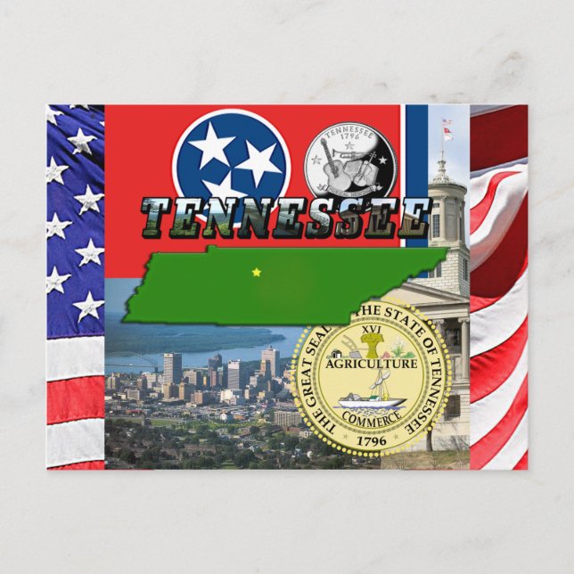 Carte du Tennessee, Drapeau, sceau d'état et photo (Devant)