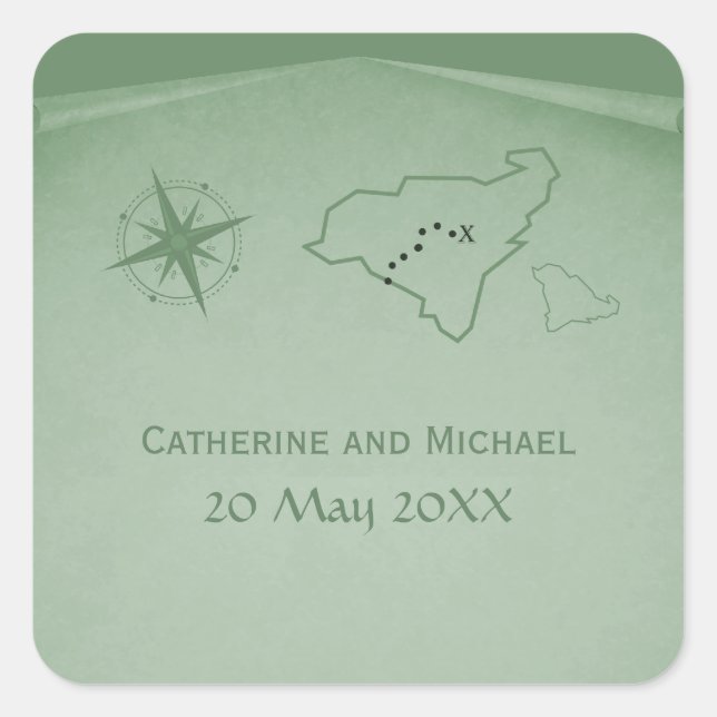 Carte du trésor Stickers de mariage, vert (Devant)