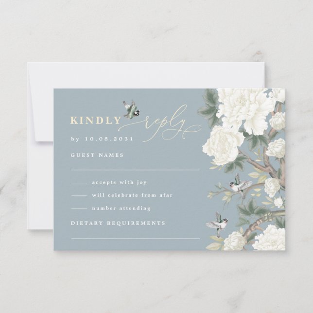 Carte Dusty Blue Chinoiserie Bird Peony Wedding RSVP (Devant)