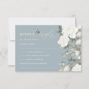 Carte Dusty Blue Chinoiserie Bird Peony Wedding RSVP