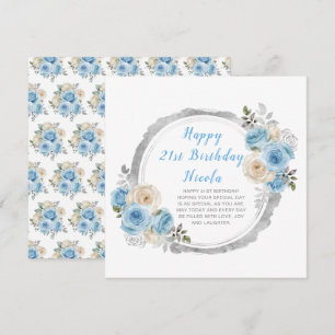 Carte Dusty Blue Silver Fleurs élégantes fête d'annivers