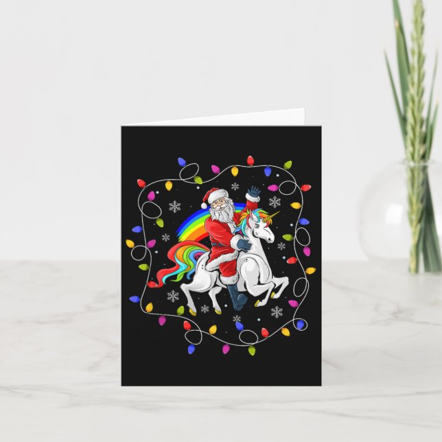 Carte Éclairage de Noël Père Noël équitation vol licorne (Devant)