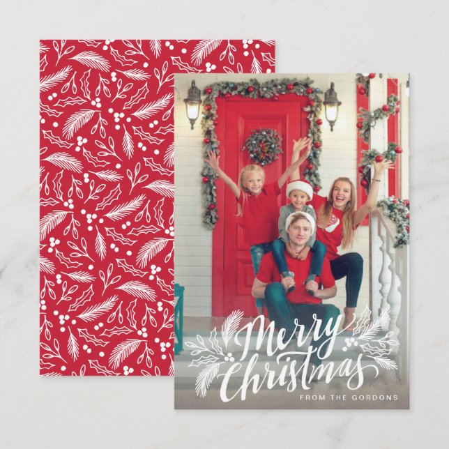 Carte Écriture de Noël Joyeux à la main avec verdure (Devant / Derrière)