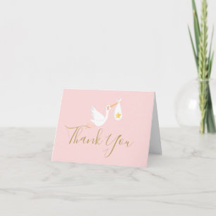Carte Écriture dorée Merci Cigogne Fille Rose Bébé