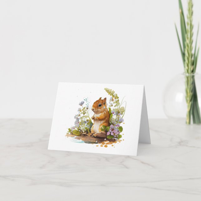Carte Écureuil aux fleurs blanches et violettes BLANC (Devant)