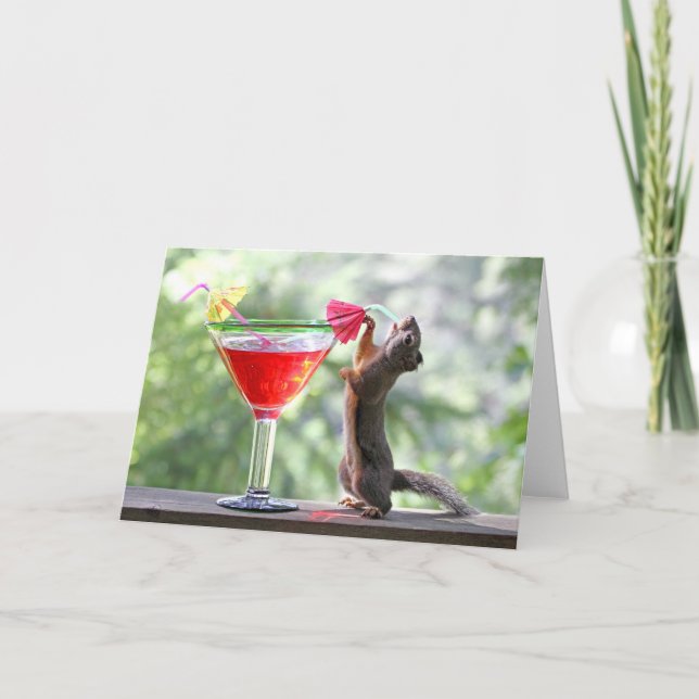 Carte Écureuil buvant un cocktail à l'heure heureuse (Devant)