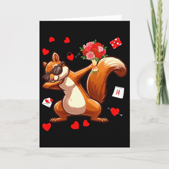 Carte Écureuil Dabbing tenant des fleurs Saint-Valentin  (Devant)
