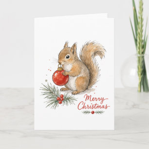 Carte Écureuil de Noël avec ornement rouge