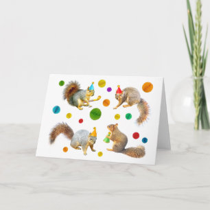 Carte Écureuils avec Chapeaux de Fête et Ballons