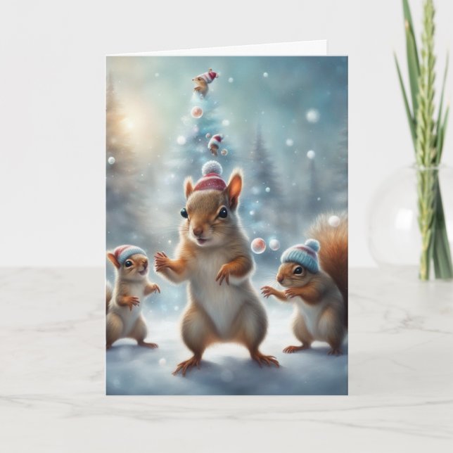 Carte Écureuils jouant dans la neige Noël (Devant)
