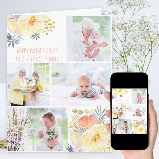 Carte éditable avec collage photo floral jaune pêc (Créateur téléchargé)