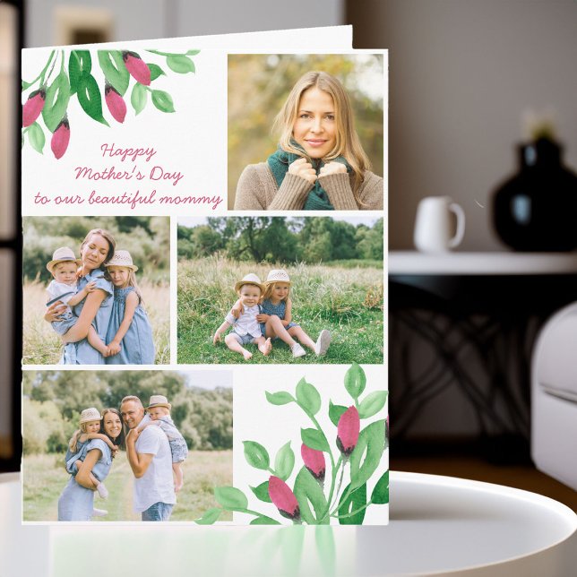 Carte éditable de collage photo aquarelle florale  (Photo collage mother's day card with floral accents)