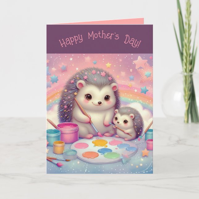 Carte Éditable Hérissons Mère et Bébé Fête des Mères (Devant)
