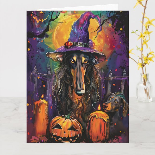 Carte Éffrayant Afghan Hound Halloween sorcière et Citro (Fleur jaune)