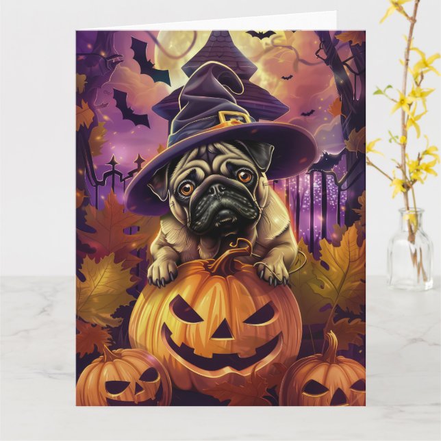 Carte Éffrayant Carlin Chien Halloween Sorcière Et Citro (Fleur jaune)