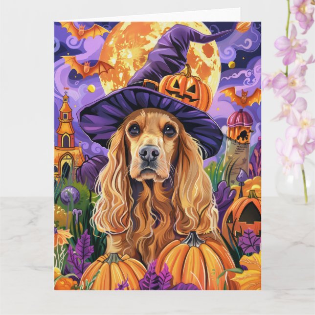 Carte Éffrayant Cocker Spaniel Dog Halloween Witch Citro (Orchidée)
