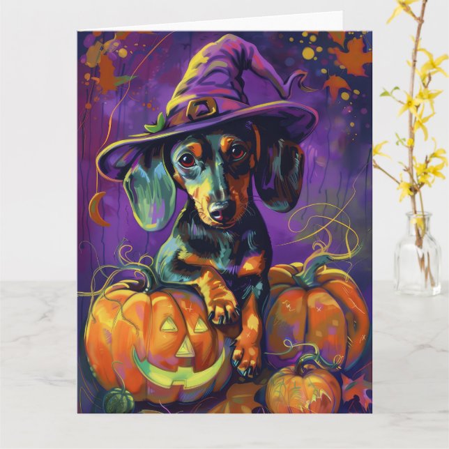 Carte Éffrayant Dachshund Chien Halloween sorcière et Ci (Fleur jaune)