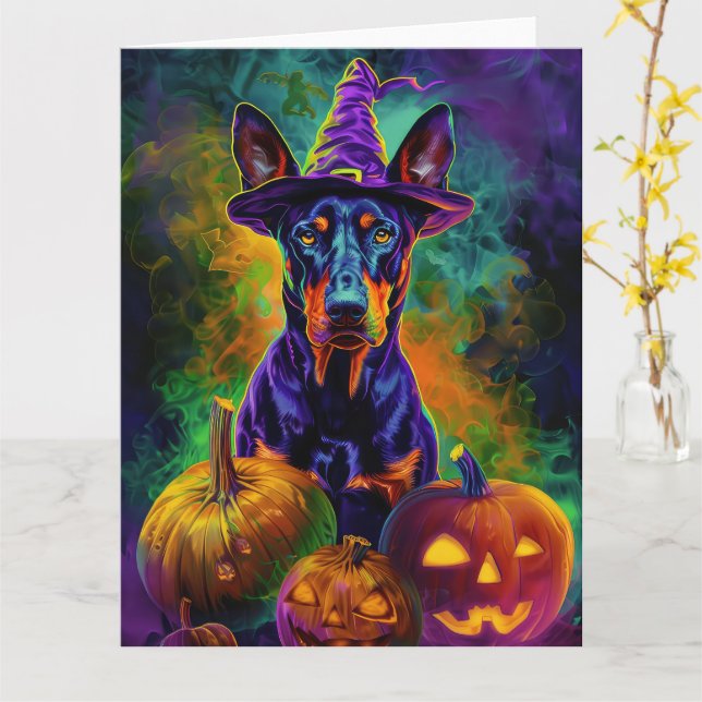 Carte Éffrayant Doberman Chien Halloween sorcière et Cit (Fleur jaune)