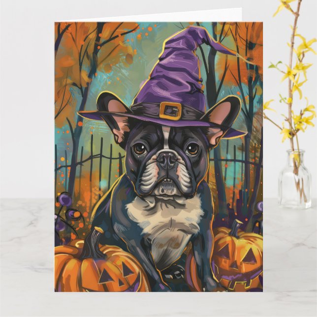 Carte Éffrayant Français Bulldog Halloween sorcière et C (Fleur jaune)