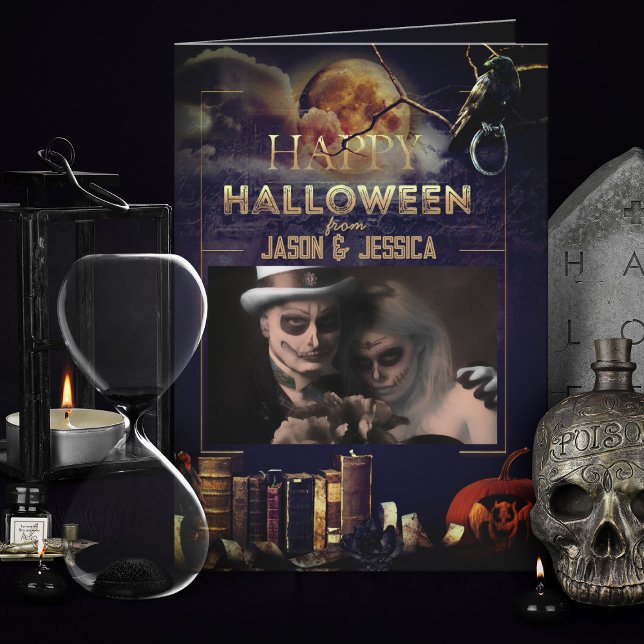 Carte éffrayant Gothique Corbeau Pleine lune photo (spooky gothic black Halloween Card with photo)