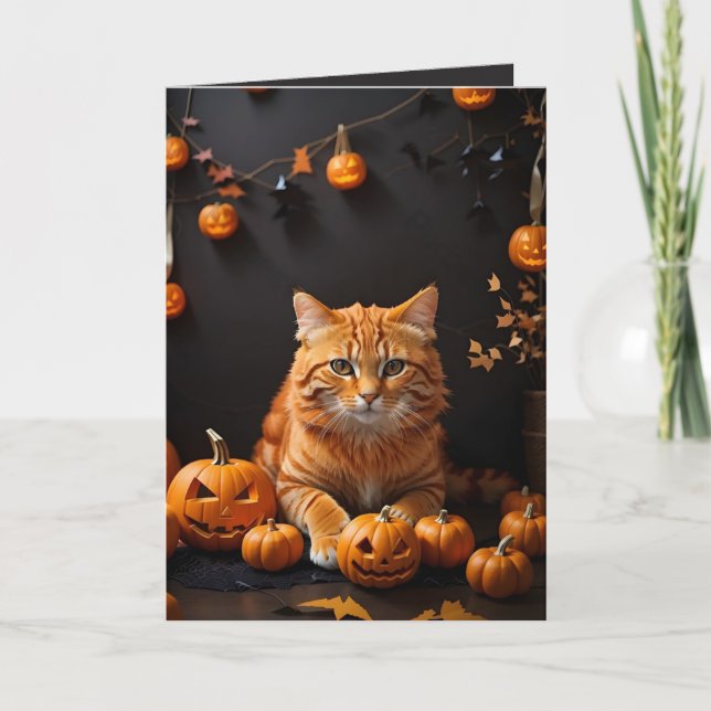 Carte Éffrayant Halloween Ginger Cat et vacances Citroui (Devant)