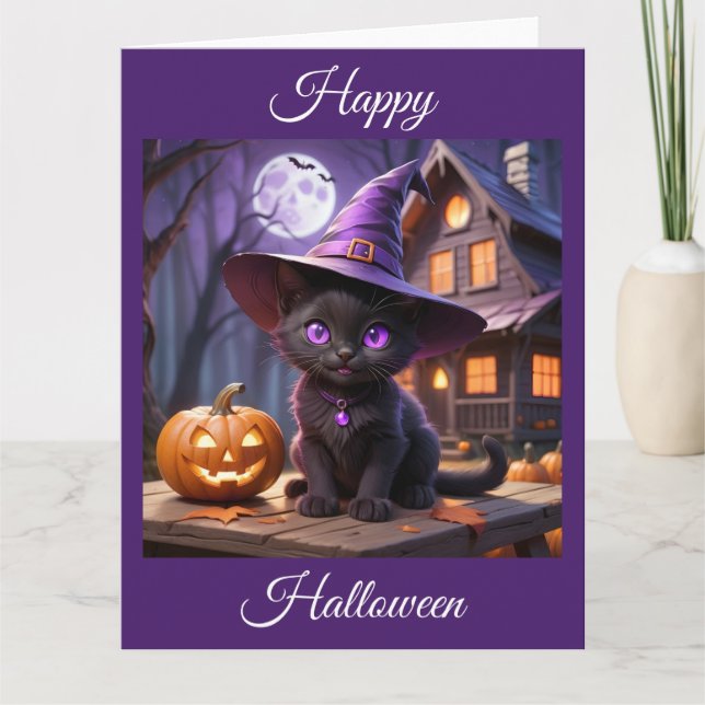 Carte Éffrayant Halloween Kitten noir (Devant)