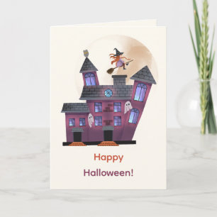 Carte Éffrayant House Moon Little Witch Halloween heureu