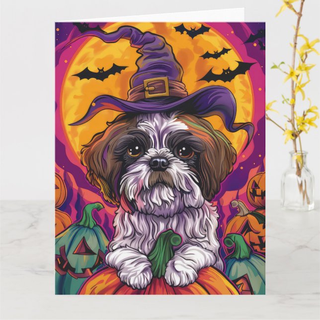 Carte Éffrayant Malti Tzu Chien Halloween Sorcière Et Ci (Fleur jaune)
