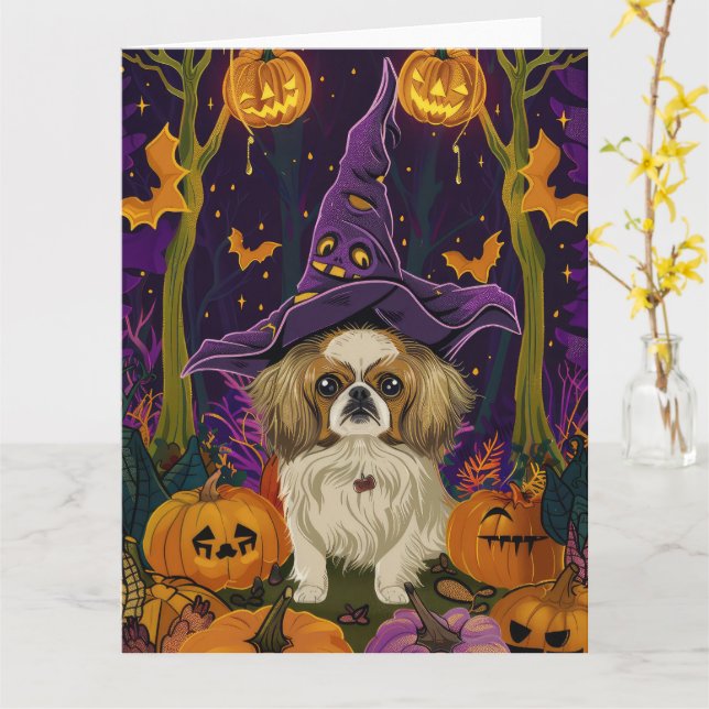 Carte Éffrayant Pekingese Chien Halloween sorcière et Ci (Fleur jaune)