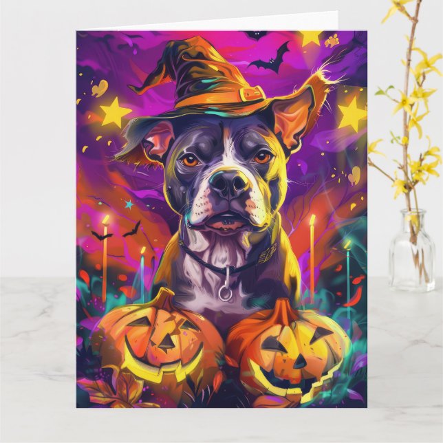 Carte Éffrayant Pitbull Chien Halloween sorcière et Citr (Fleur jaune)
