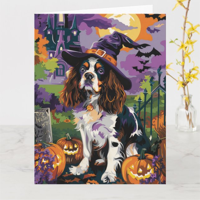 Carte Éffrayant Springer Spaniel Halloween Witch Citroui (Fleur jaune)