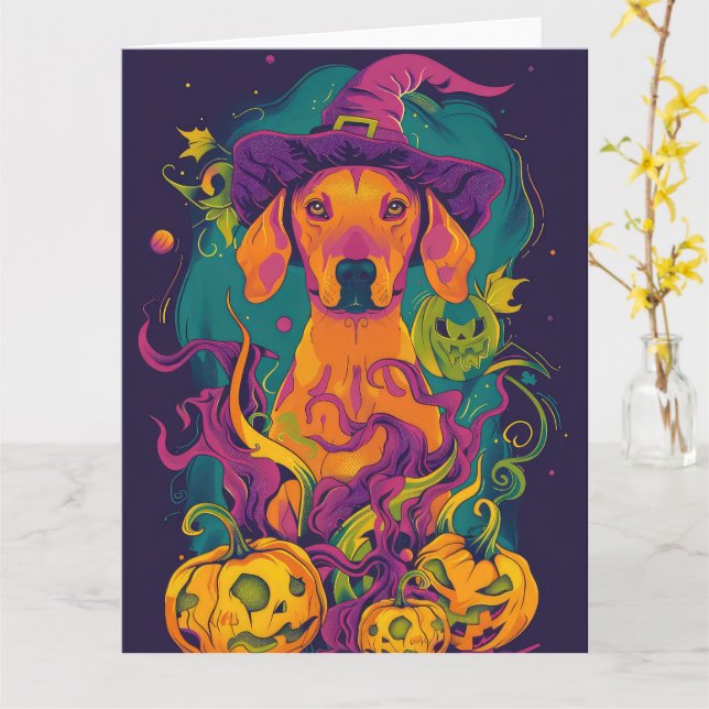 Carte Éffrayant Vizsla Chien Halloween sorcière et Citro (Fleur jaune)