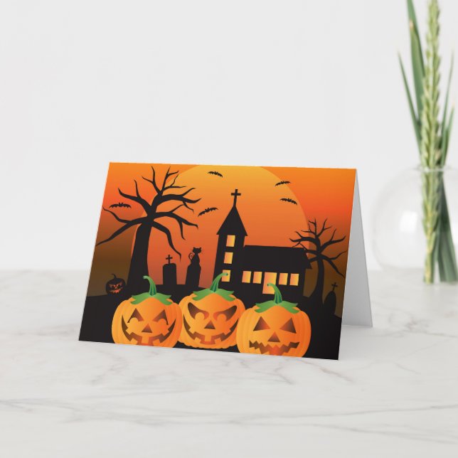 Carte éffrayante Halloween Citrouilles sculptés (Devant)