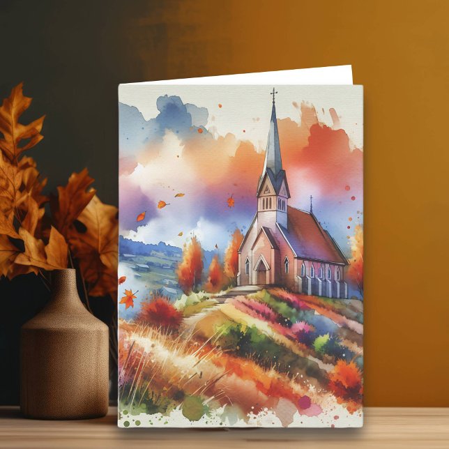 Carte Église aquarelle le jour d'automne | Bénédictions  (Créateur téléchargé)