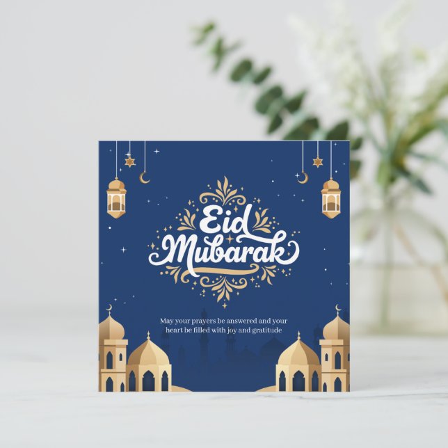 Carte Eid Moubarak Or et Bleu  (Debout devant)