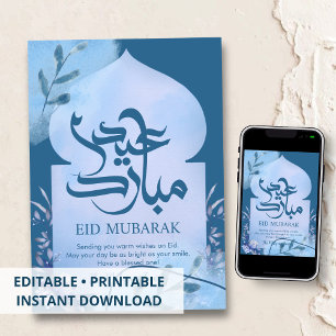 Carte Eid Mubarak à l'aquarelle bleue avec arche f
