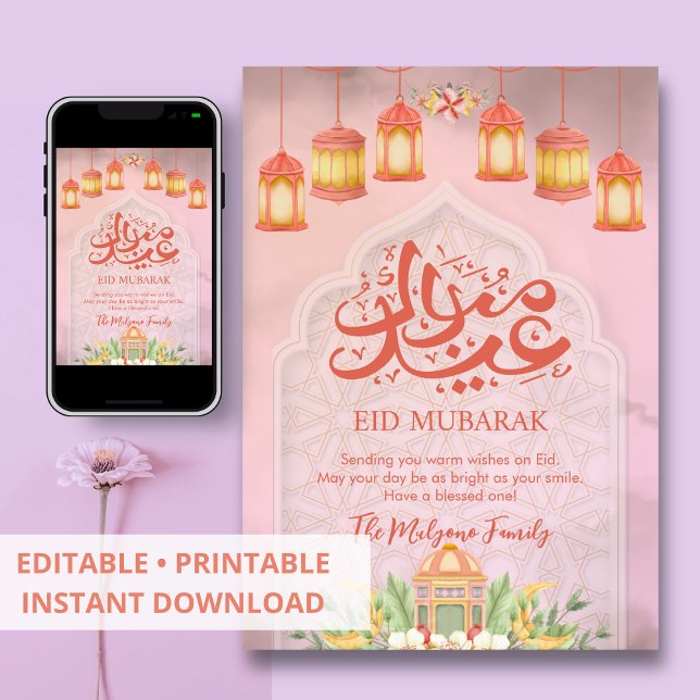 Carte Eid Mubarak à motif géométrique rose clair e (Créateur téléchargé)