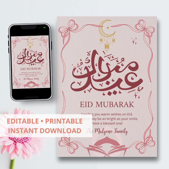 Carte Eid Mubarak avec un joli ruban rose et un cr (Créateur téléchargé)