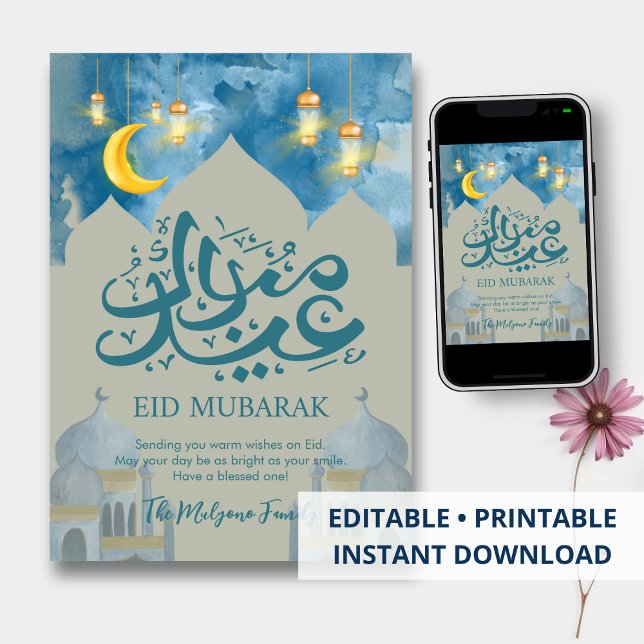 Carte Eid Mubarak Ciel Bleu Clair et Croissant d'O (Créateur téléchargé)
