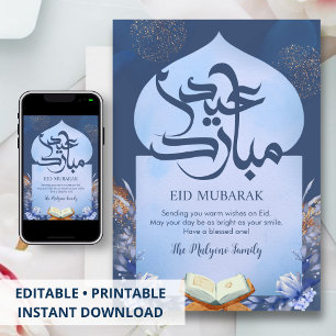 Carte Eid Mubarak Coran Floral Bleu Marine & Argen