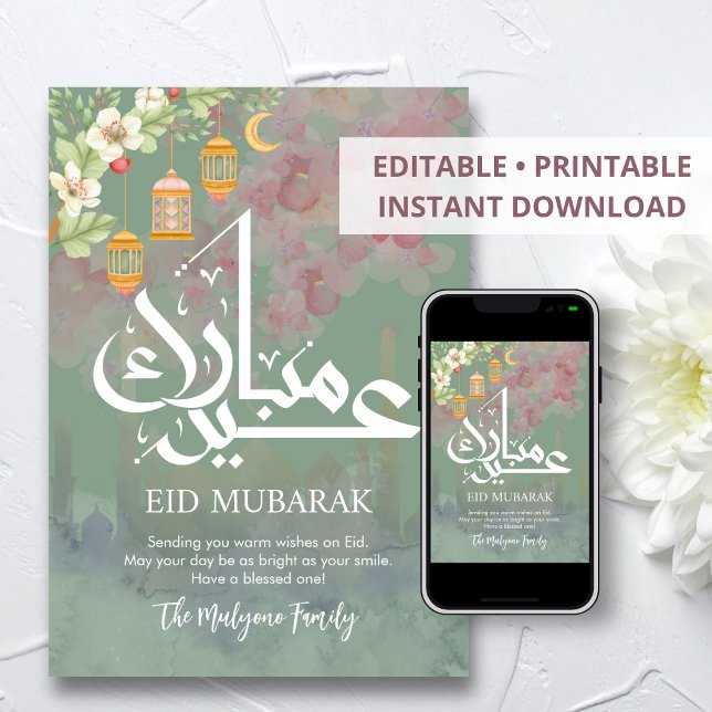 Carte Eid Mubarak florale aquarelle rose tendre (Créateur téléchargé)